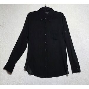 Moda International Black Roll Tab Sleeve Button Down Blouse Shirt Small